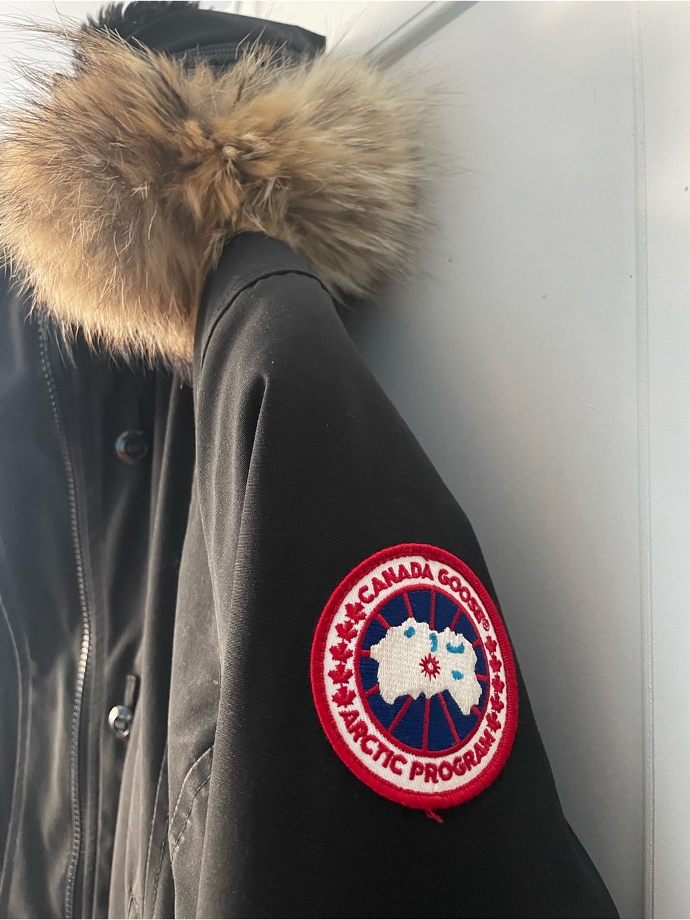 Women’s Black Canada Goose Black Parka with Natural Fur Trim and Red Patch XL